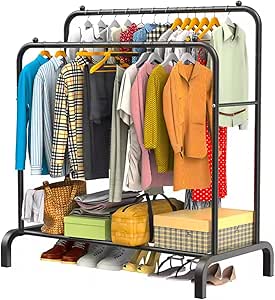 Burro de Ropa Doble – Perchero Colgador Metálico 110 x 150 x 54 cm, Resistente, con Estante para Zapatos, Organizador de Vestidor, Montaje Fácil, Diseño Estable, Negro