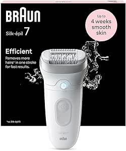 Braun Silk-épil 7 Women's Electric Epilator, Body Epilator with Wide Head for Easy Hair Removal and Cap with Massage Roller, Waterproof, 7-011, White/Silver