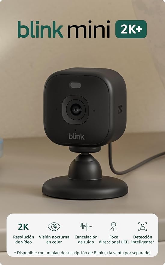 Cámara Mini 2K+ Blink (última generación) | Cámara de seguridad doméstica con enchufe, resolución de vídeo 2K, zoom de 4 aumentos, visión nocturna en color | Compatible con Alexa | 1 cámara - Negro
