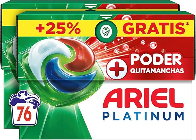 ARIEL PODS Platinum Detergente Lavadora Liquido 76 Capsulas/Pastillas, Jabon Extra Poder Quitamanchas, Limpieza Profunda