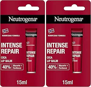 Neutrogena Fórmula Noruega Bálsamo Labial Cica Reparación Intensa (1 x 15 ml), bálsamo hidratante labial con 40% glicerina y pantenol, para labios secos y dañados (Paquete de 2)