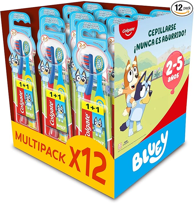 Colgate Pack 12 x 2 Cepillos de dientes Kids Bluey 2-5 años, cepillo de dientes infantil, cabezal pequeño, filamentos extra suaves para una limpieza delicada, mango redondo para un agarre cómodo