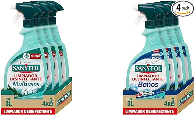 Sanytol - Limpiador Desinfectante Multiusos, Elimina Bacterias, Hongos y Virus Sin Lejía, Perfume Eucaliptus - Pack de 4 x 750 Ml = 3L & – Limpiador Desinfectante Antical Baños