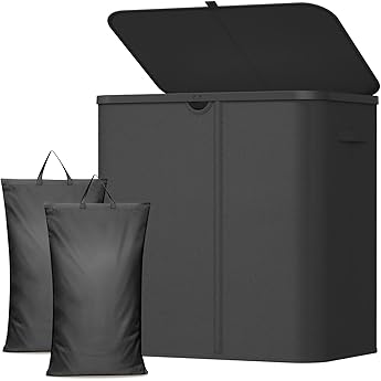 LONBET 150L Cesto Ropa Sucia 2 Compartimentos con Tapa y Estructura de Bambú - Cubo Ropa Sucia con Bolsa Extraíble, Asas Cómodas y Tela Transpirable para Uso Diario - Laundry Basket, Gris