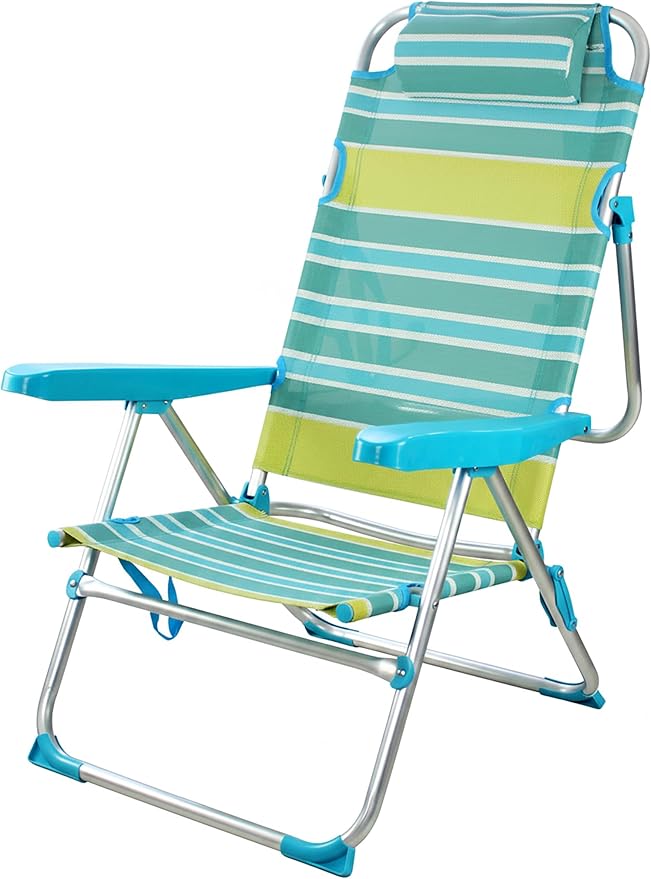 Silla Playa Plegable de Aluminio, 4 Posiciones Ajustables, Ligera y Portátil, Respaldo Alto con Reposabrazos, Silla Baja para Playa, Camping, Jardín y Piscina (Raya Azul Verde)