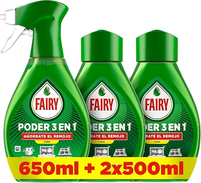 Fairy Pack Poder Sin Remojo Limón Spray 650ml + 2 Recambios 500ml, Antigrasa y Limpieza Rápida para Vajilla y Cocina