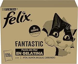 Felix Fantastic Wet Adult Cat Food, Gelatin, Tuna, Salmon, Cod and Carbonero, Pack of 120 85g Sachets