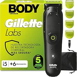GilletteLabs i5 Body + Intimate Afeitadora Corporal con 4 Peines Y Funda, Negro/Verde - Depiladora Corporal Hombre Impermeable, Tecnología Skinfirst, Recargable, Rasura el Cuerpo Y Zona íntima
