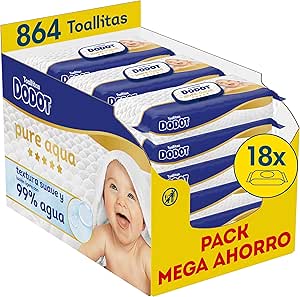 Dodot Pure Aqua Baby Wipes, 864 Wipes (18 Packs of 48 Count), Helps Restore Skin's Natural PH, 99% Water, Plastic Free (Pack of 2)