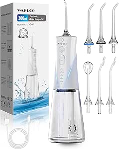 Irrigador Dental Portatil, 5 Modos de Limpieza con 6 Boquillas, Tanque de Agua de 300ml, IPX7 Impermeable, Ideal para Limpieza Dental en Casa y de Viaje（Blanco）
