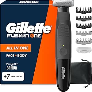 Gillette Fusion One Beard Trimmer and Body Shaver, All-in-One Barber for Face and Body, Pivoting Head, 4 Combs, Case, Waterproof, Wireless, 45 Min Use, Black