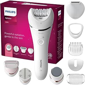 Philips Women's Epilator Series 8000, 9 in 1, for Body, Face, Feet and Bikini, Use in Dry or Wet, Soft Skin from Home, Ceramic Head, BRE740/10, White