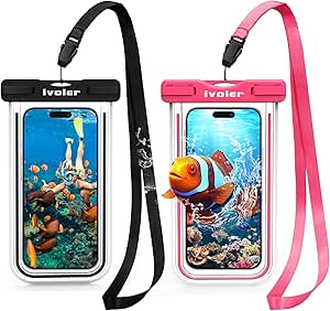 ivoler [IPX8 Certified [2 Pack] Universal Waterproof Mobile Pouch Case for Xiaomi, iPhone, Samsung Galaxy, Huawei, Smartphones, Coins, Passport, etc. (Black + Pink)