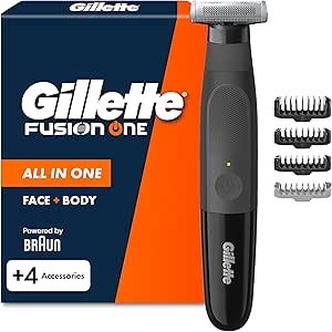 Gillette Fusion One Beard Trimmer and Body Shaver, Black – All-in-One Barber for Face and Body, Pivoting Head, 4 Combs, Waterproof, Wireless, 45 Min Use