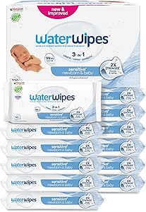 WaterWipes Sensitive+ Newborn & Baby Wipes, 720 Count (Pack of 12), 3-in-1 Cleans, Cares, Protects, 99.9% Water, Unscented