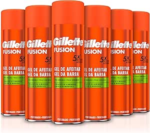 Gillette Fusion Men's Shaving Gel for Sensitive Skin Action x 5, Pack 6 x 200 ml, with Almond Oil, Cleans, Hydrates and Protects