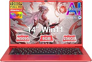 Laptop 14 Inch Celeron N5095 Upto 2.9 GHz Laptops 8GB RAM 256GB SSD TF 1TB LPDDR4 Win11 5G WiFi 1920*1080 FHD Mini HDMl Laptop Protective Film Spanish – Red Metallic Body59