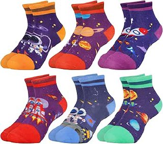 6 Pares Calcetines Niño Infantiles Astronauta Espacio Cohete Planeta Colorido Calcetín Crew Tobillero Cómodo Regalos 3-14 años Tamaño 25-38