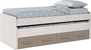 Habitdesign Youth Trundle Bed, 2 Beds and 2 Drawers, Model Ares, White Finish Alps and Basalt, Dimensions: 198 cm (W) x 69 cm (H) x 96 cm (D)