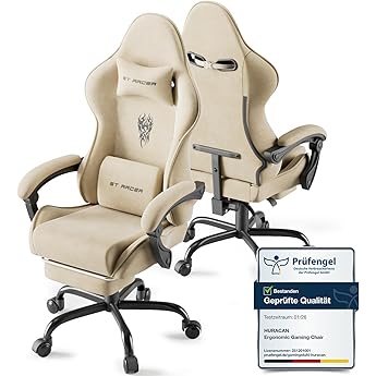 WOLTU Silla Gaming con Soporte Lumbar, Silla Oficina Ergonómica con Cabeza y Reposapiés, Sillón Trabajo Giratorio con Gran Asiento y Ruedas, Tela de Ante, Crema