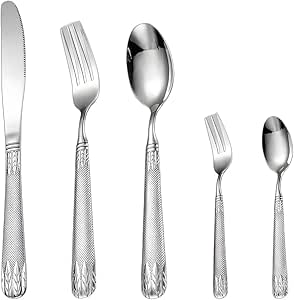 5 Piece Cutlery Set, Stainless Steel Flatware Set with Knife, Fork, Spoon, Dishwasher Safe, Shiny Polished Finish, Modern Modern Design, Silver