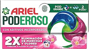 Ariel PODs POWERFUL, Liquid Detergent Capsules 14 Washes, Wild Freshness, With Built-in Additives, Stain Remover And Odor Removal X2