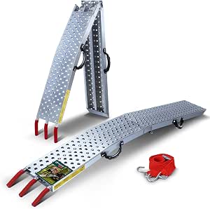 VOUNOT Rampa de Carga Plegable 400 kg Máx. de Capacidad, Rampa de Acceso Riel Antideslizante de Metal Galvanizado con Correas de Seguridad, Rampa Plegable para Moto Tractor Motocicleta ATV Quad
