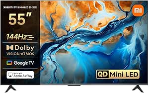 XIAOMI TV S Mini 55, Borderless Design, Google TV, QD-Mini LED, 1200 nits of Maximum Brightness, High 4K Refresh Rate of 144 H, Ultra Fluid for Gaming, Dolby Vision IQ & Dolby Atmos,Google Assistant