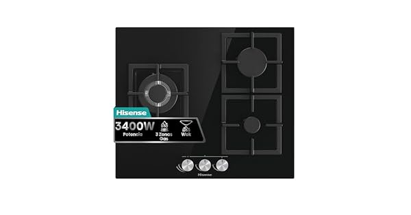 Hisense GG633B  Placa de Gas Natural 3 Zonas 60 cm Parrilla de Hierro Fundido y Cristal Templado Negro Autoencendido Integrado en los mandos Seguridad GasStop Fcil limpieza