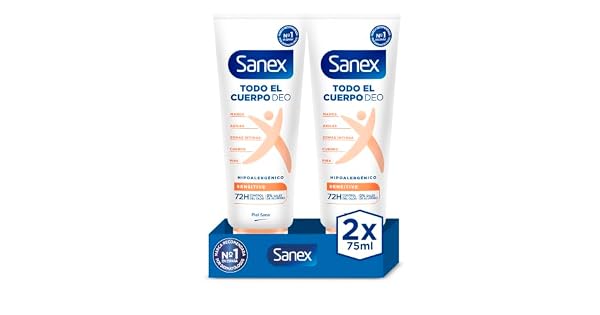 Sanex Crema Todo el Cuerpo Deo Frescor Total 75ml Desodorante para Manos Pies Axilas Cuerpo y Zonas ntimas Proteccin 72H contra Olor Clnicamente Probada Hipoalergnico Paquete de 2