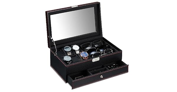 Relaxdays Organizador Gafas y Relojes Joyero con Cajn Caja para Guardar Joyas 13x33x205 cm Efecto Piel Negro
