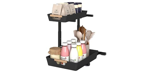 SONGMICS Organizador Debajo del Fregadero Estante en Forma de L Cajones Extrables Altura Ajustable 40 x 295 x 415 cm para Cocina Negro Tinta Coleccin GLORA KCS217B101