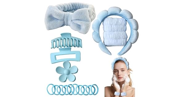 Juego de 17 diademas para el pelo cosmticos spa y esponja con diadema de burbujas cinta de lavado de mueca pinzas para el pelo gomas para el pelo para mujeres y nias para yoga deportes