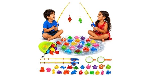 Juego de Pesca Magntico para Nios 3 4 5 Aos  Set de Agua Refrescante para Combatir el Calor  Incluye 2 Caas Bolsa de Red y Criaturas Marinas  Juguete Educativo para Piscina Jardn y Baera