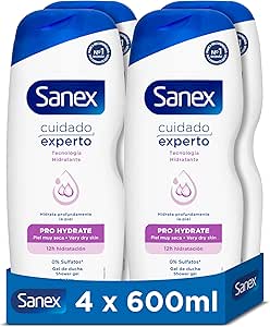 Sanex Expert Care Pro Hydrate Shower Gel, Pack of 4 x 600 ml, Formula with Natural Prebiotic, Deeply Hydrates Skin, 12H Hydration, 0% Sulfates, for Very Dry Skin