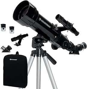 Celestron 21035 ADS Travel Scope 70 Kit de telescopio refractor con mochila, negro (exclusivo de Amazon que incluye un ocular adicional de 4 mm y 3 lentes Barlow)