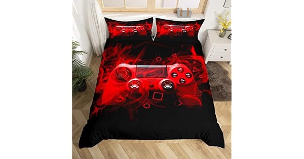 Tbrand Juego de ropa de cama para nios 135 x 200 cm diseo de gamer decoracin para dormitorio de nios y nias mando de videojuegos cama color rojo y negro con cremallera geomtrica