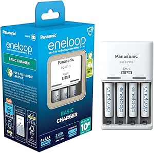 Panasonic eneloop Basic Cargador, para 2 o 4 Pilas AA/AAA Ni-MH, con 2 Indicadores LED y 6 Funciones de Seguridad. Incluye 4 Pilas eneloop AAA/Micro con Capacidad mínima Mejorada de 800 mAh