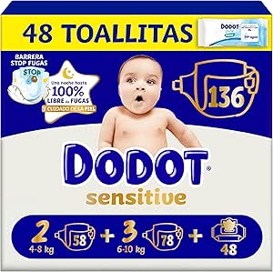 Dodot Sensitive Kit Newborn Diapers + Wipes, 58 Nappies Size 2 + 78 Diapers
