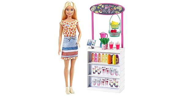Barbie Puesto de Smoothies Mueca Rubia con Accesorios y Tienda para Hacer zumos y Batidos de Juguete Mattel GRN75