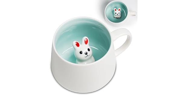 ZONSUSE Taza Conejo Kawaii Cute Bunny Mug con Tapa y Cuchara 3D Conejito Inside Cup Animal Cermica Coffee Cup para Caf T y Leche Regalo para Nias Mujeres y Amigas 350ml 3D Rabbit