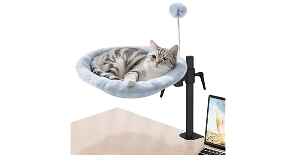 Odoland Cama para gatos para escritorio hamaca ajustable giratoria de 360 cmoda cama de escritorio suave para gatos con 2 telas lavables para todas las estaciones gris