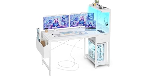Grandder Escritorio Gaming 120x50 cm con Enchufe LED RGB Estantes Abatibles Cajn Organizador para PC Porttil HogarOficina Incluye Bolso Fibra Carbono Negro