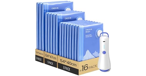 Raplink Bolsas de Vaco Ropa con Bomba de Vaco Elctrica Inalmbrica que contienen 16 Bolsas de vaco 3  74 x 54 cm 5  64 x 47 cm 8  50 x 40 cmAdecuadas Para viajesMudanzas y Almacenamiento