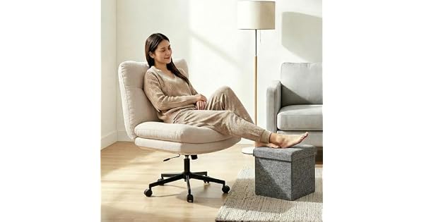 Submi Silla Oficina Silla Escritorio sin Brazos Silla Tocador Silla Oficina de Tela Giratoria Ajustable con Taburete de Almacenamiento y Cojn Grande Sillon Lectura para Casa Salon y Oficina Beige